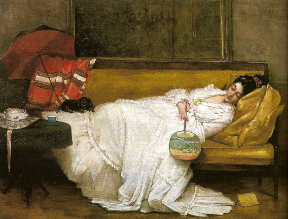 Girl in a White Dress Resting on a Sofa: Date Unknown