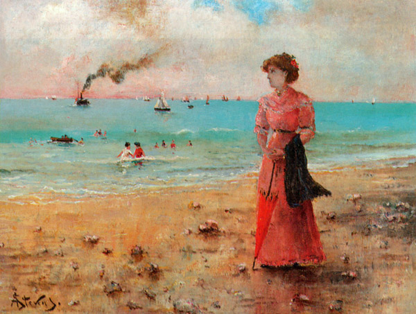 Jeune femme 'a l' ombrelle rouge au bord de la mer: ca 1885